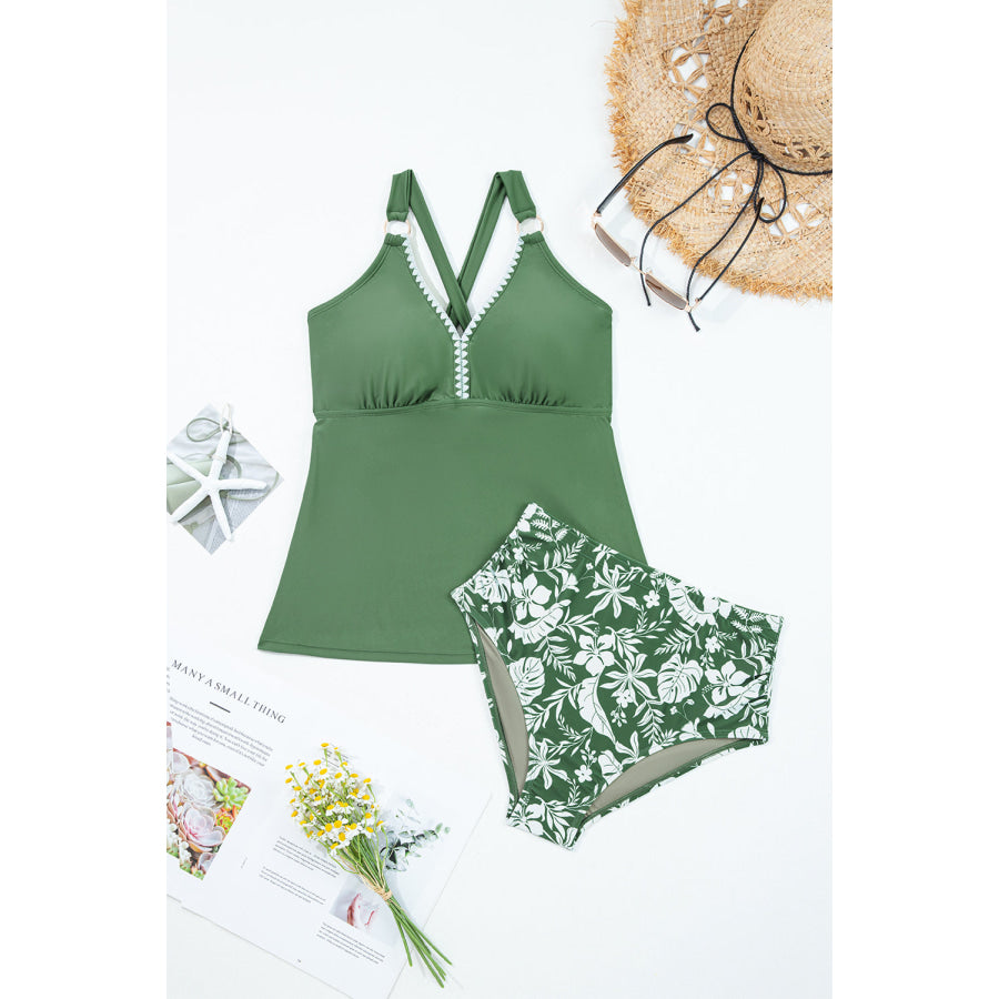 Four Leaf Clover O-ring Knot Back Straps Ricrac Trim V Neck Tankini Contrast Printed Swim Short 2pcs Set Swimwear/Tankinis