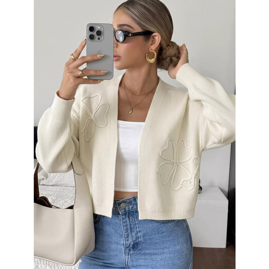 Four-Leaf Clover Open Front Cardigan Beige / S Apparel and Accessories