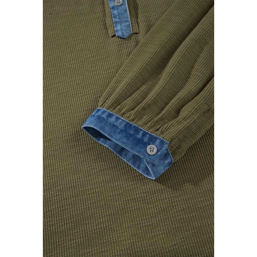 Four Leaf Clover Ribbed Knit Denim Accents V Neck Long Sleeve Oversized Fit Plus Size Blouse Size/Plus Tops/Plus Tops