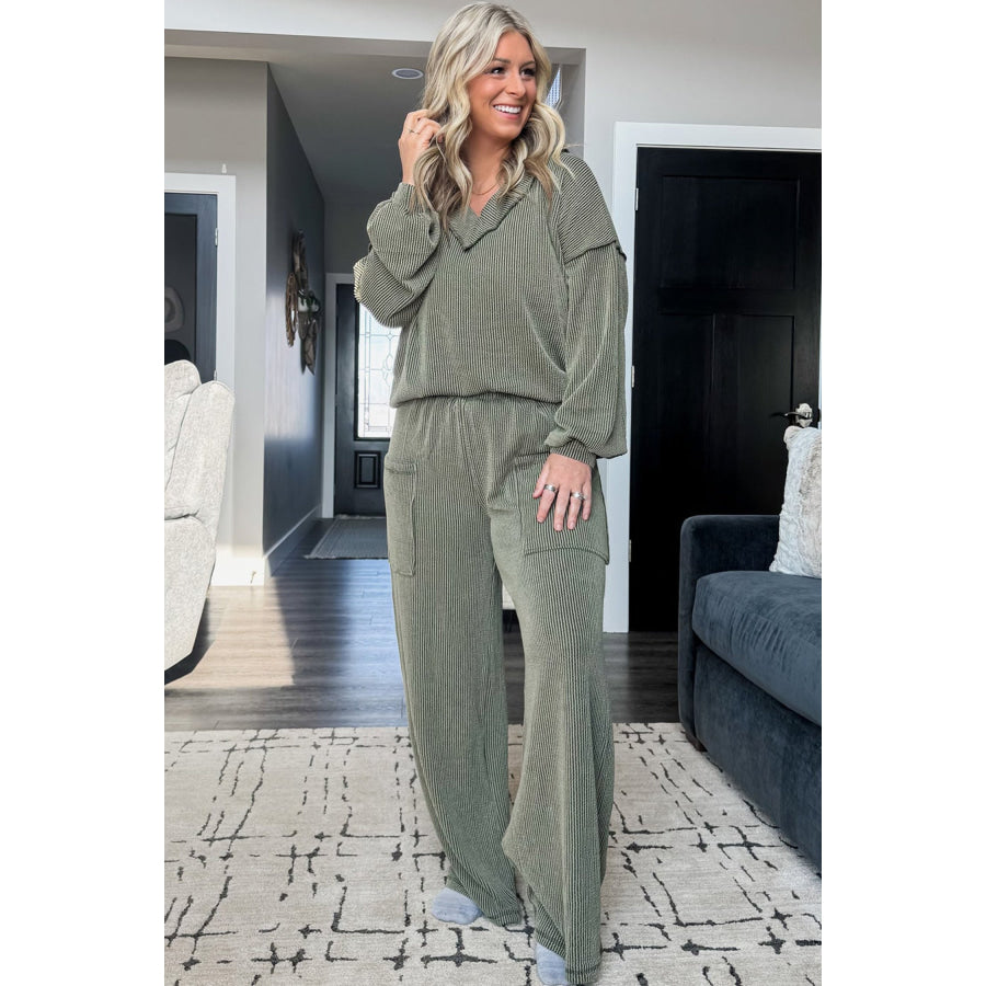 Four Leaf Clover Twisted Ribbed Exposed Seam Detail V Neck Pullover Plus Size Pant Set Size/Plus Loungewear