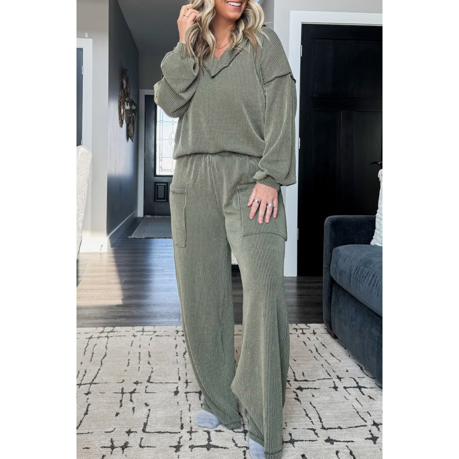 Four Leaf Clover Twisted Ribbed Exposed Seam Detail V Neck Pullover Plus Size Pant Set Size/Plus Loungewear