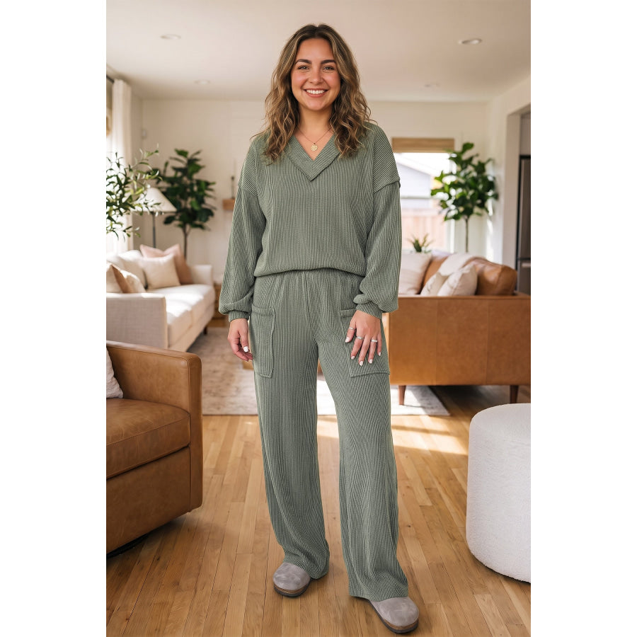Four Leaf Clover Twisted Ribbed Exposed Seam Detail V Neck Pullover Plus Size Pant Set / 1X Size/Plus Loungewear