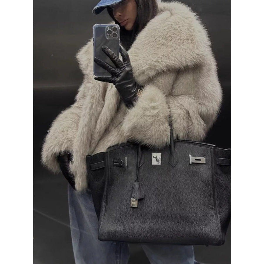 Fox Fur Collar Winter Outerwear Greige-Oversized / XS Apparel and Accessories