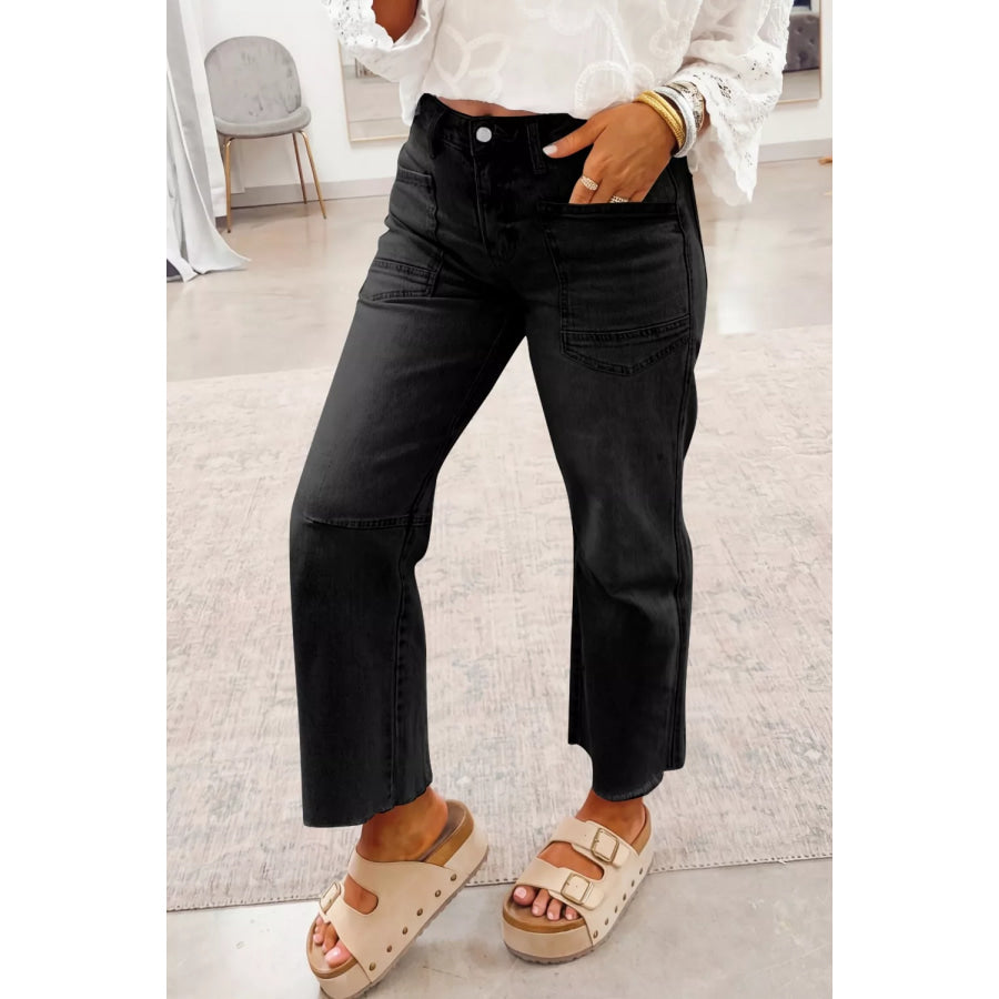 Frayed Cropped Straight Jeans Black / 4 Apparel and Accessories