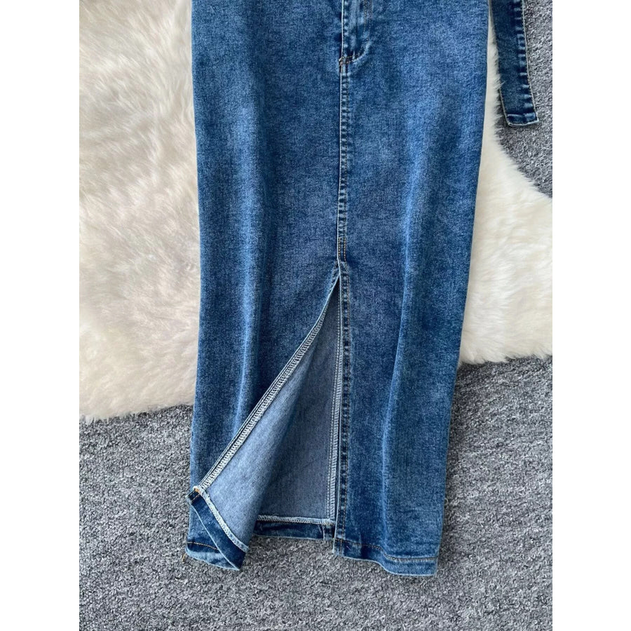 Frayed Denim Patchwork Top & Slit Maxi Skirt Denim Set Apparel and Accessories