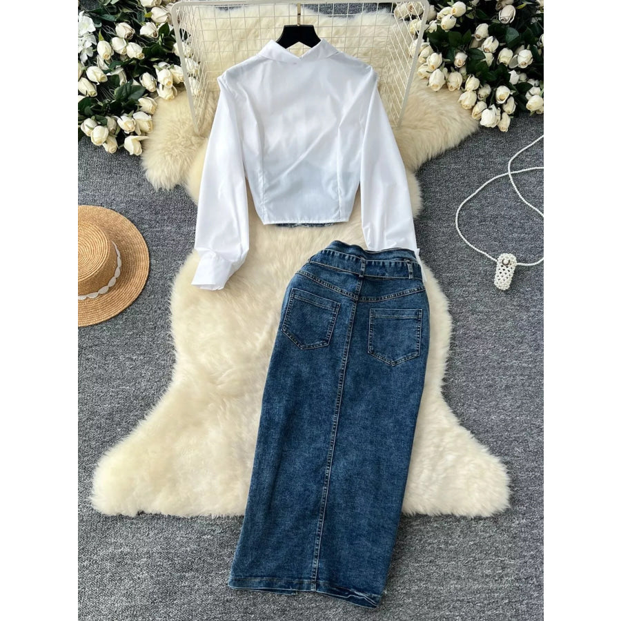 Frayed Denim Patchwork Top & Slit Maxi Skirt Denim Set Apparel and Accessories