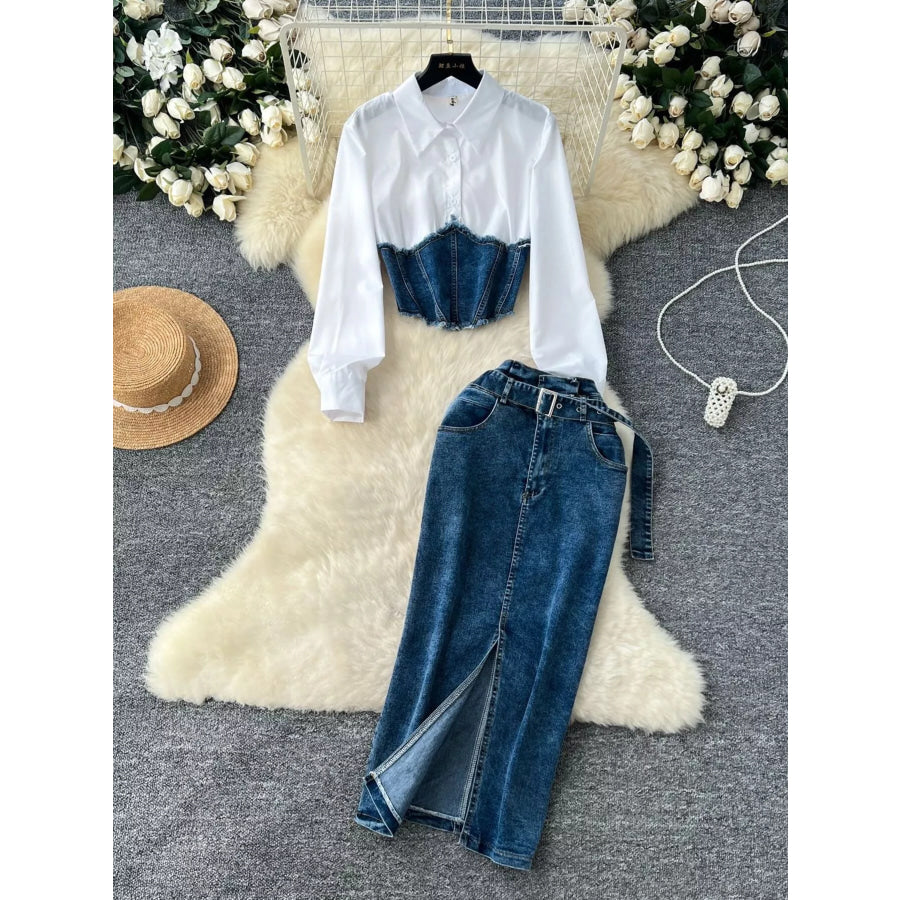 Frayed Denim Patchwork Top & Slit Maxi Skirt Denim Set Blue / S Apparel and Accessories