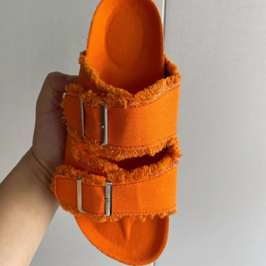 Frayed Edge Buckle Sandals Apparel and Accessories