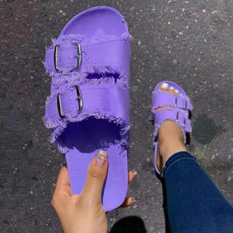 Frayed Edge Buckle Sandals Purple / 35 Apparel and Accessories