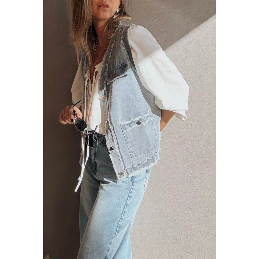 Frayed Edge Flap Pockets Denim Vest Jacket Apparel and Accessories
