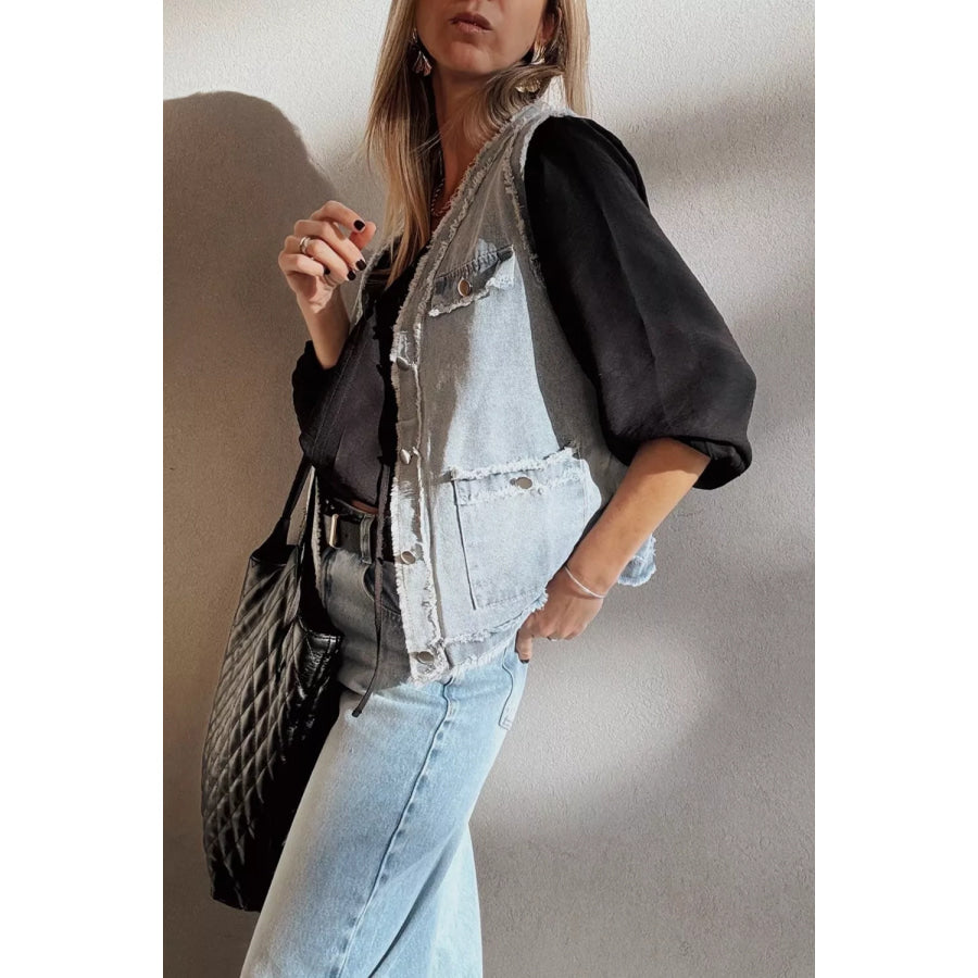 Frayed Edge Flap Pockets Denim Vest Jacket Apparel and Accessories