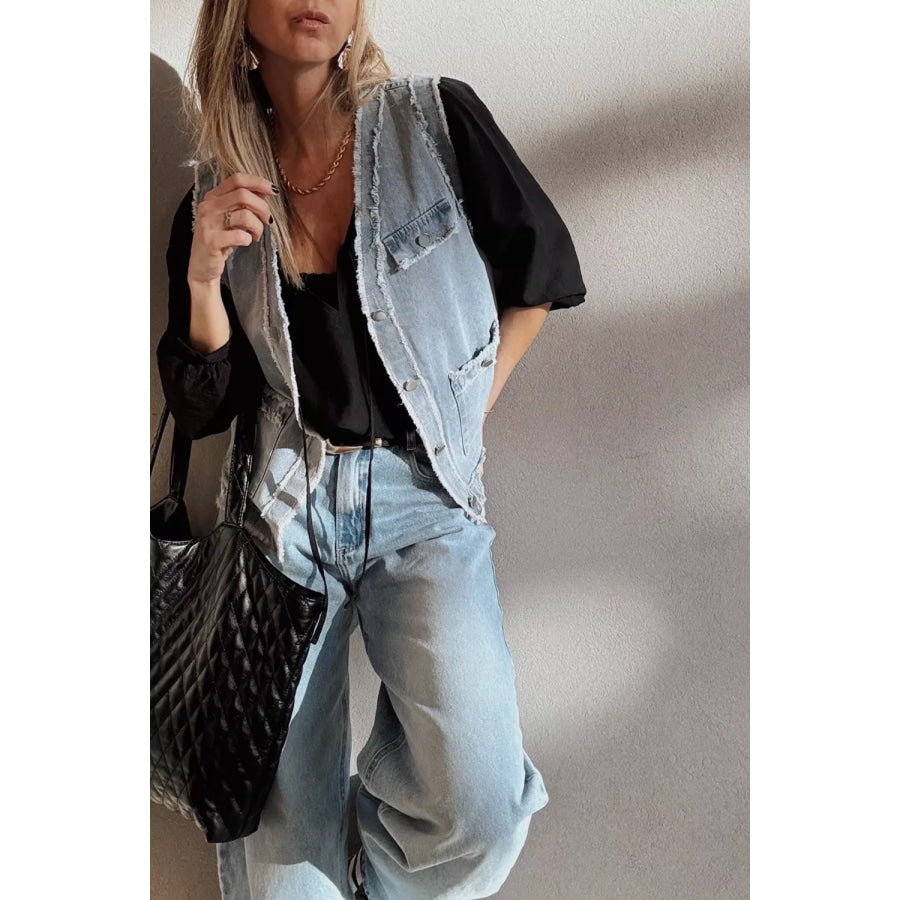 Frayed Edge Flap Pockets Denim Vest Jacket Apparel and Accessories