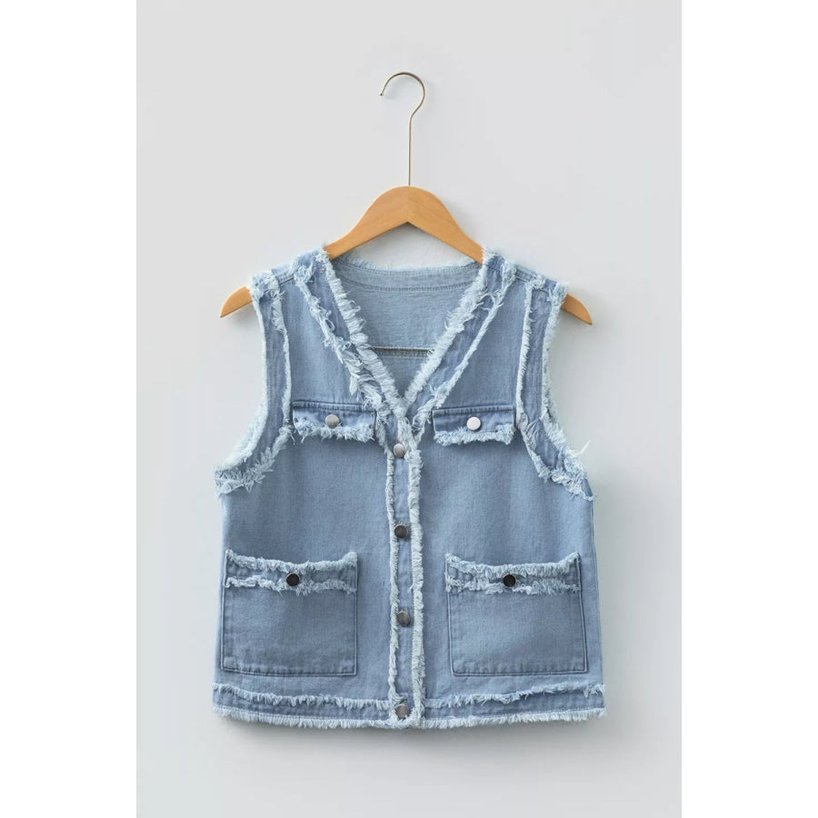Frayed Edge Flap Pockets Denim Vest Jacket Apparel and Accessories