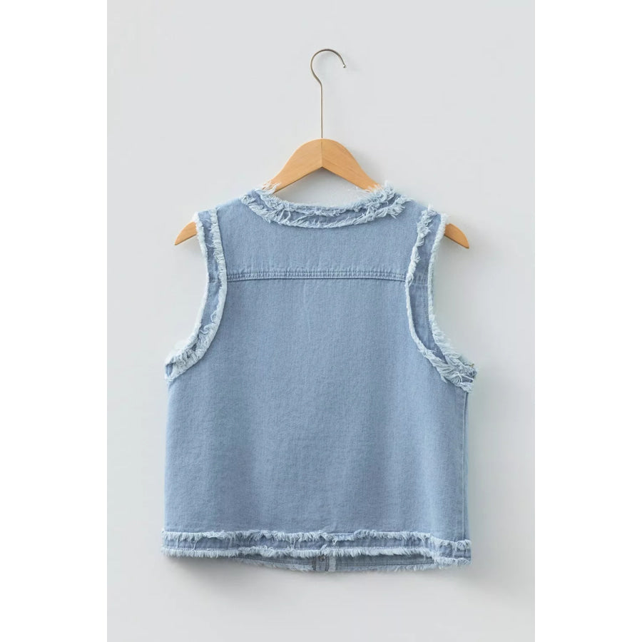 Frayed Edge Flap Pockets Denim Vest Jacket Apparel and Accessories