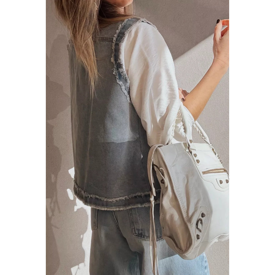Frayed Edge Flap Pockets Denim Vest Jacket Apparel and Accessories