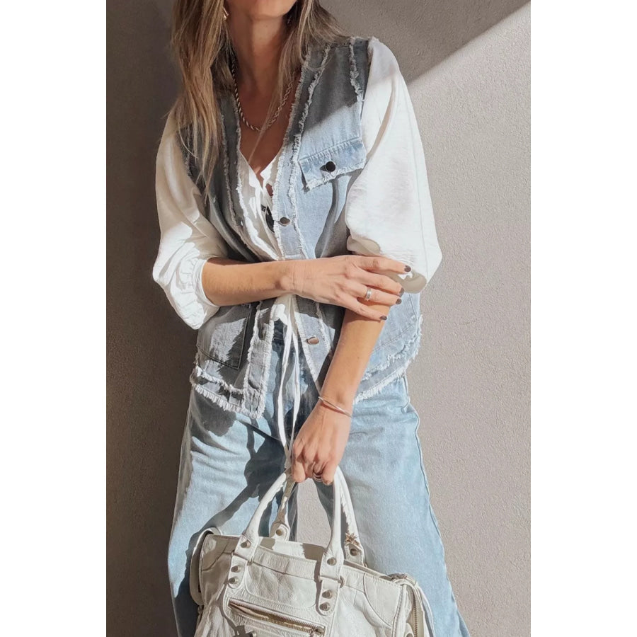 Frayed Edge Flap Pockets Denim Vest Jacket Apparel and Accessories
