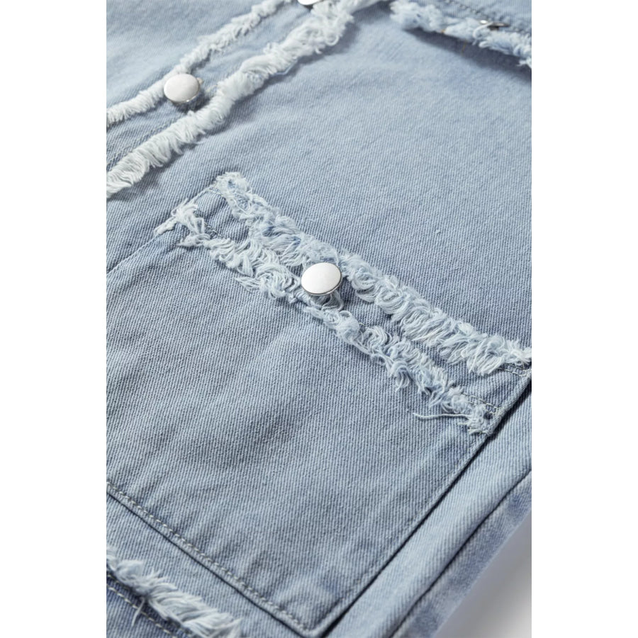 Frayed Edge Flap Pockets Denim Vest Jacket Apparel and Accessories