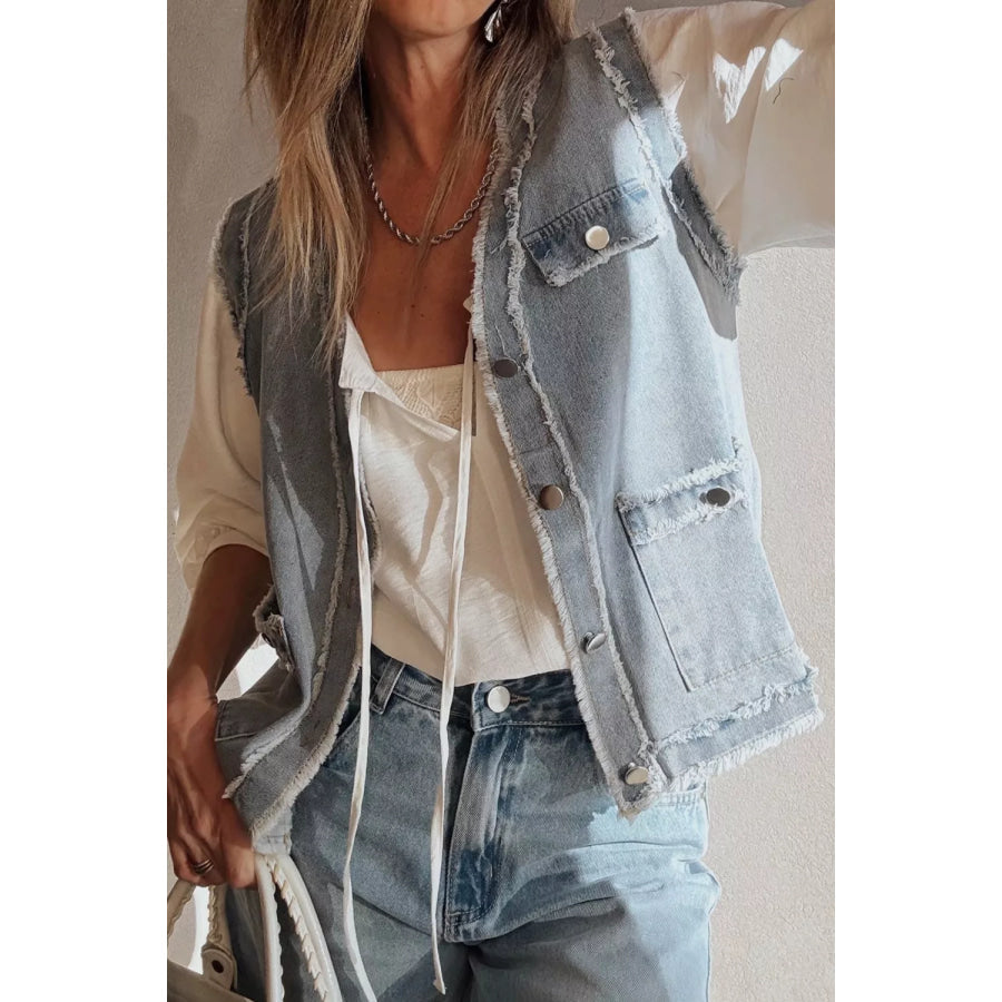 Frayed Edge Flap Pockets Denim Vest Jacket Light Blue / S Apparel and Accessories