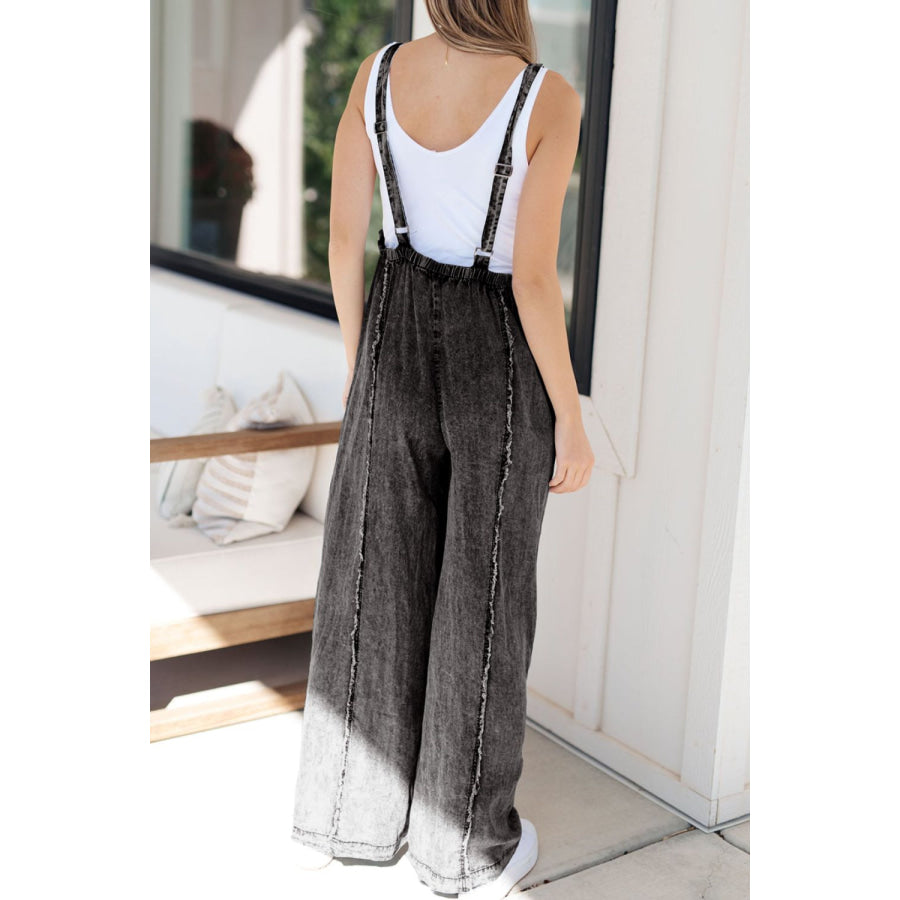 Frayed Exposed Seam Wide Leg Denim Overalls Apparel and Accessories