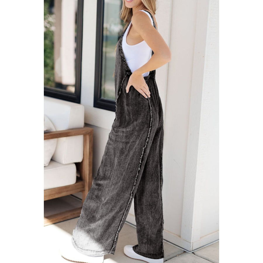 Frayed Exposed Seam Wide Leg Denim Overalls Apparel and Accessories