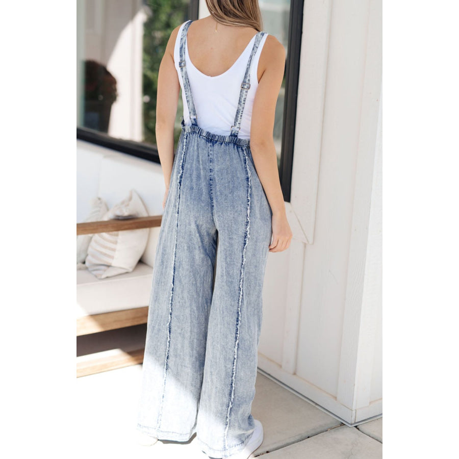 Frayed Exposed Seam Wide Leg Denim Overalls Apparel and Accessories