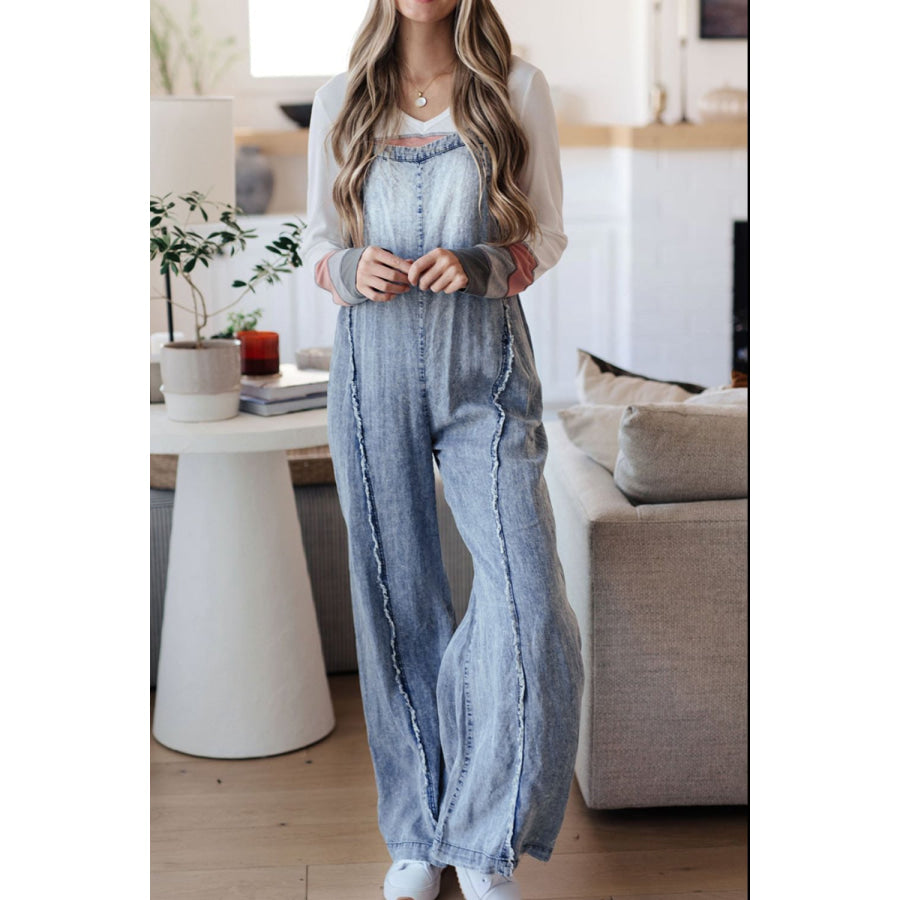 Frayed Exposed Seam Wide Leg Denim Overalls Apparel and Accessories