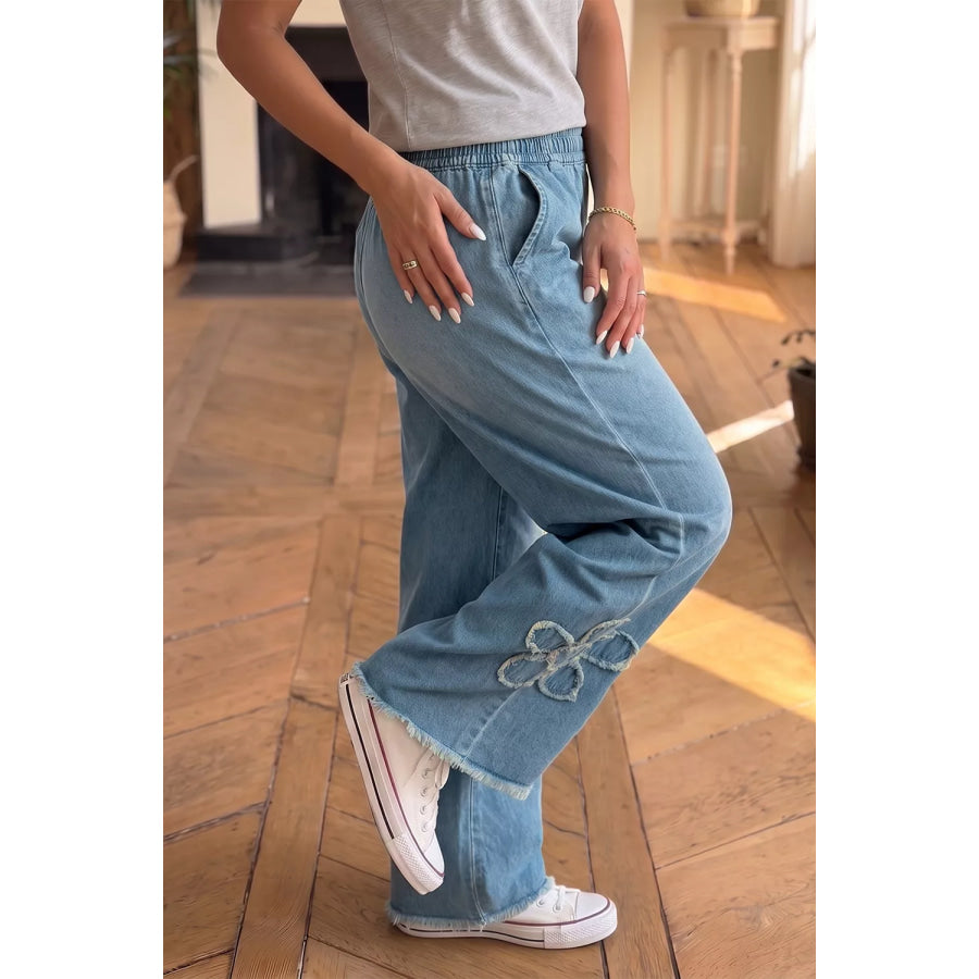 Frayed Floral Patch Wide Leg Raw Hem Wide Leg Jeans Apparel and Accessories