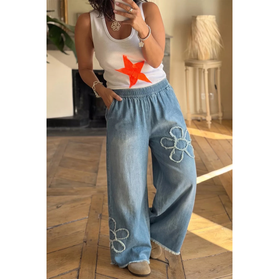 Frayed Floral Patch Wide Leg Raw Hem Wide Leg Jeans Apparel and Accessories