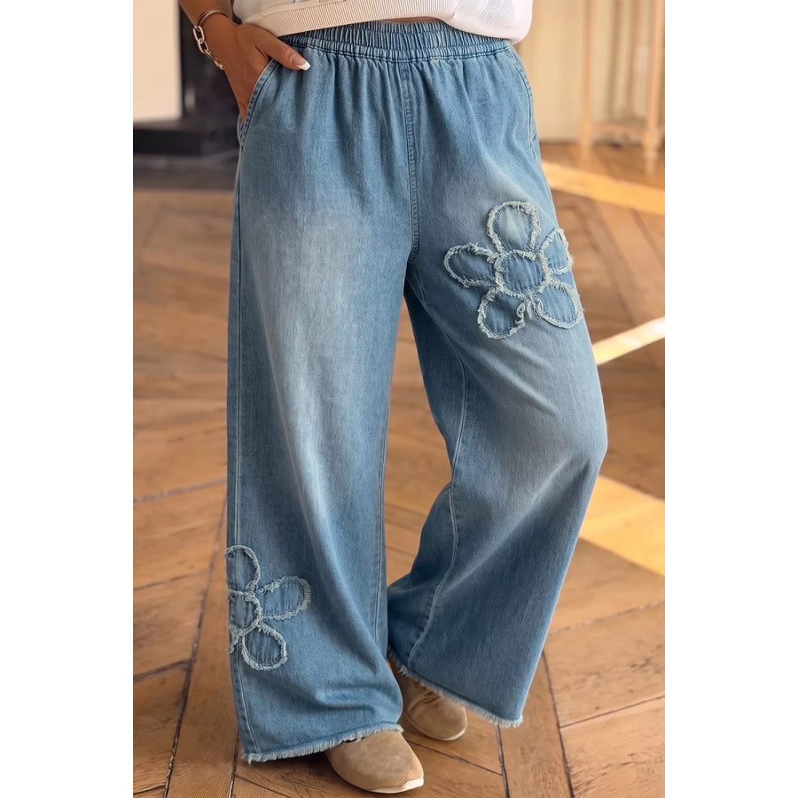 Frayed Floral Patch Wide Leg Raw Hem Wide Leg Jeans Apparel and Accessories