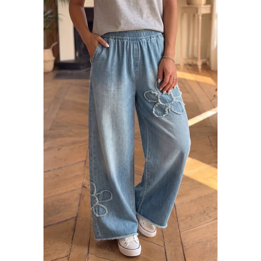 Frayed Floral Patch Wide Leg Raw Hem Wide Leg Jeans Medium / 6 Apparel and Accessories