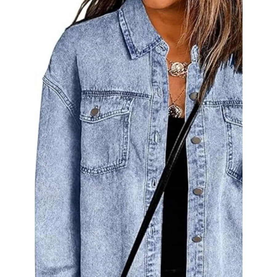 Frayed Hem Button Up Denim Jacket Light Blue / S Apparel and Accessories