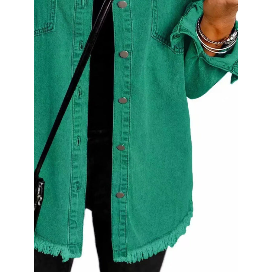 Frayed Hem Button Up Denim Jacket Apparel and Accessories