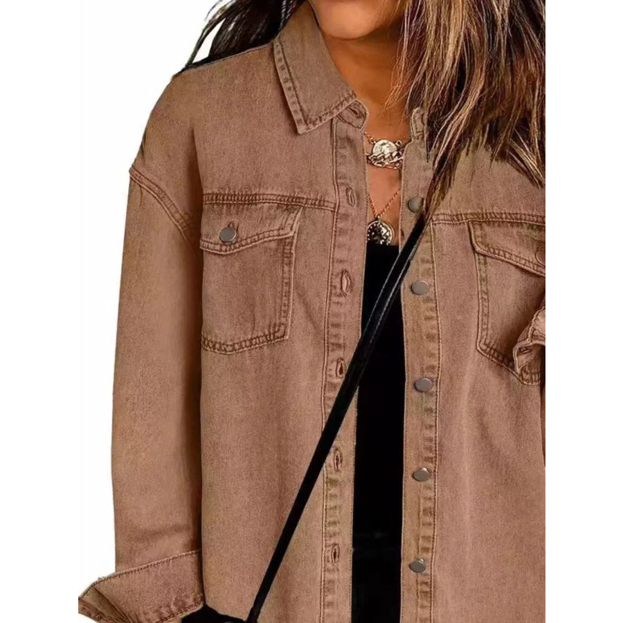 Frayed Hem Button Up Denim Jacket Apparel and Accessories