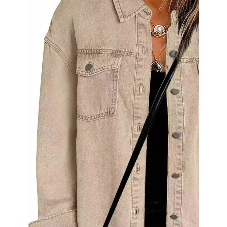 Frayed Hem Button Up Denim Jacket Apparel and Accessories