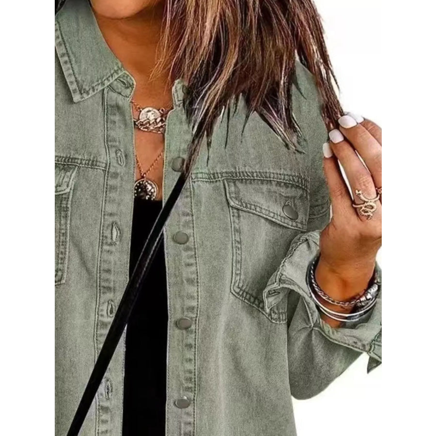 Frayed Hem Button Up Denim Jacket Apparel and Accessories