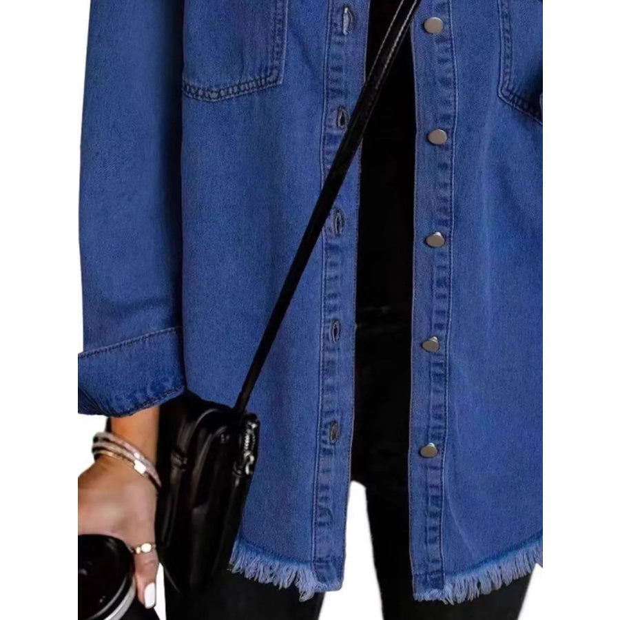 Frayed Hem Button Up Denim Jacket Apparel and Accessories