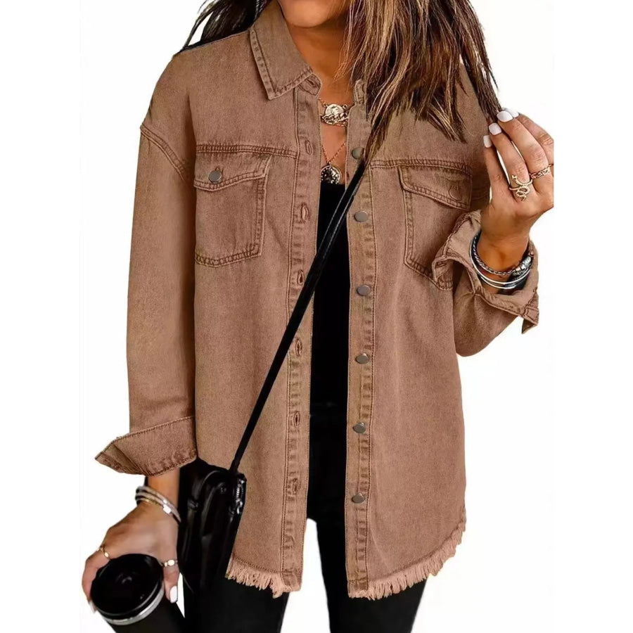 Frayed Hem Button Up Denim Jacket Camel / S Apparel and Accessories