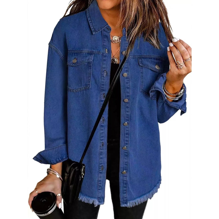 Frayed Hem Button Up Denim Jacket Dark Blue / S Apparel and Accessories