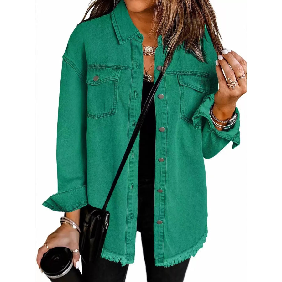 Frayed Hem Button Up Denim Jacket Green / S Apparel and Accessories