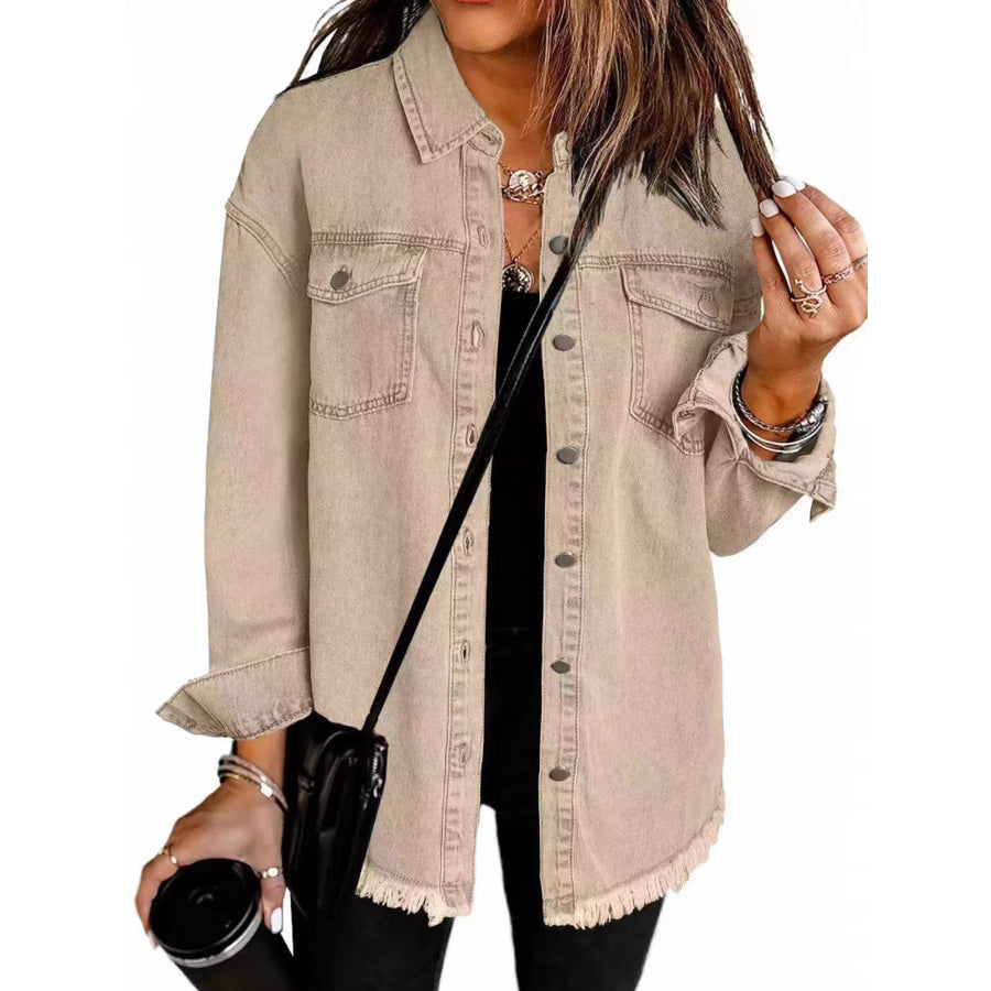 Frayed Hem Button Up Denim Jacket Khaki / S Apparel and Accessories