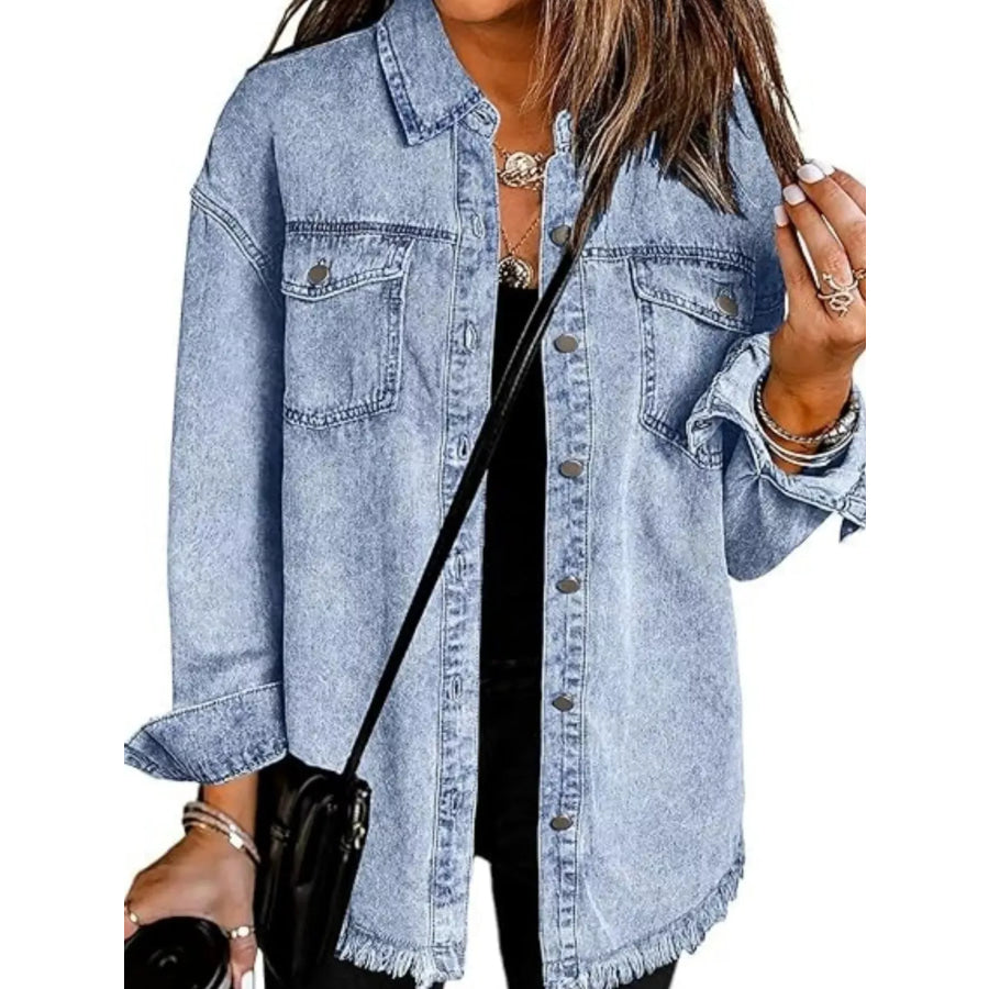 Frayed Hem Button Up Denim Jacket Light Blue / S Apparel and Accessories