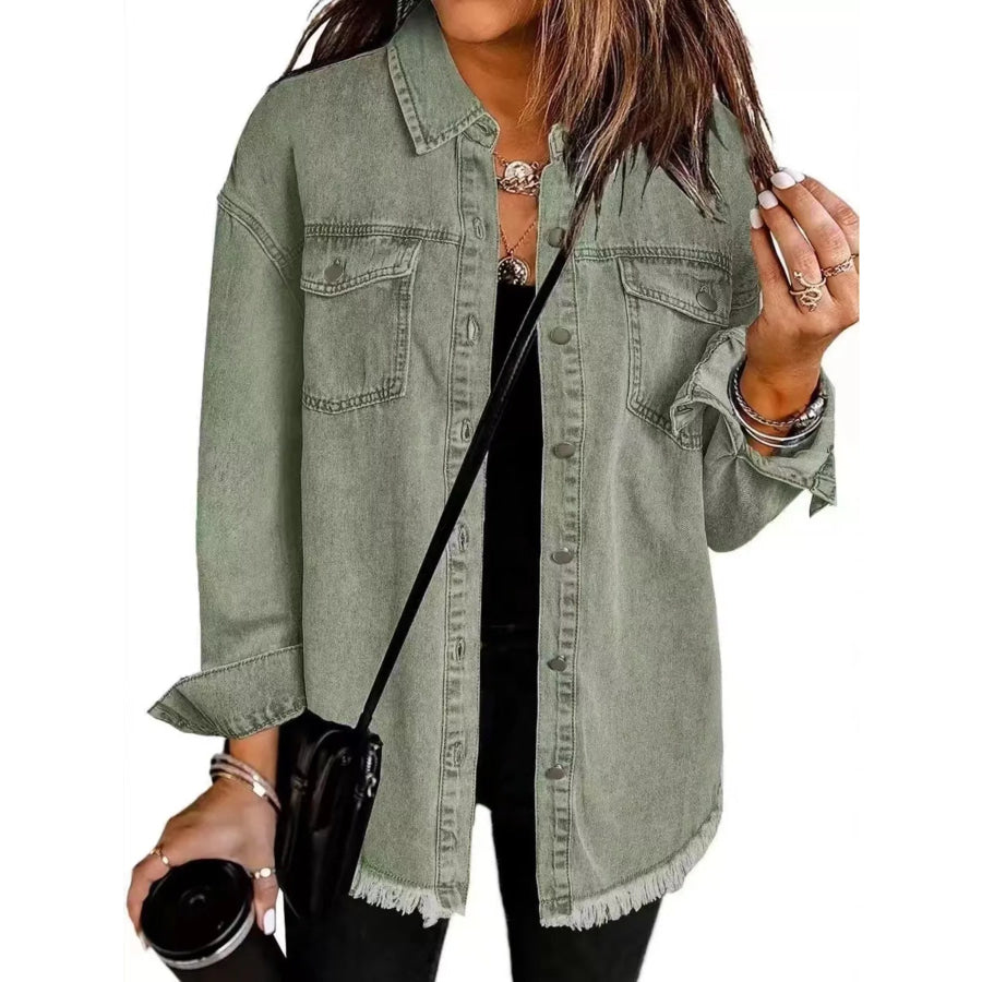 Frayed Hem Button Up Denim Jacket Olive Green / S Apparel and Accessories