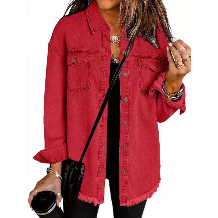 Frayed Hem Button Up Denim Jacket Red / S Apparel and Accessories