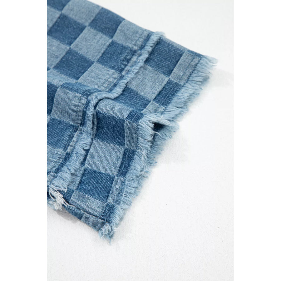 Frayed Hem Checkered Denim Mini Dress Apparel and Accessories