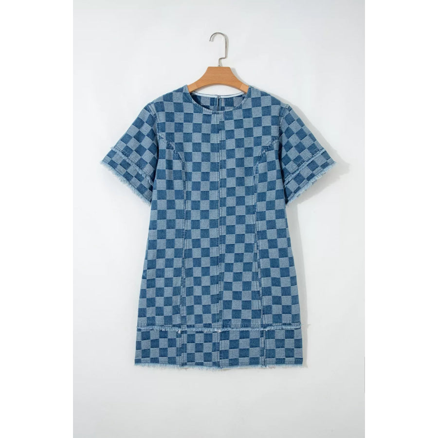 Frayed Hem Checkered Denim Mini Dress Apparel and Accessories