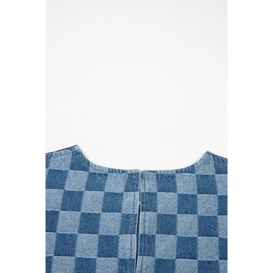 Frayed Hem Checkered Denim Mini Dress Apparel and Accessories