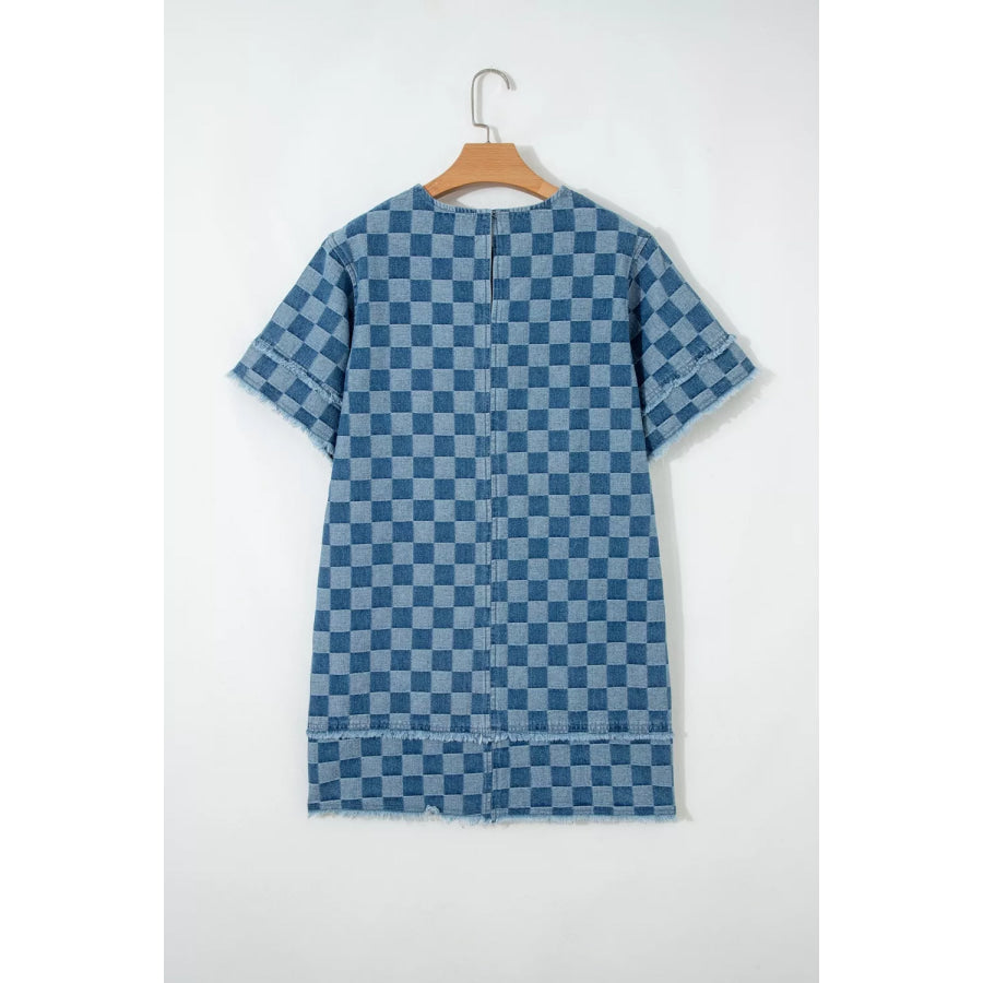 Frayed Hem Checkered Denim Mini Dress Apparel and Accessories