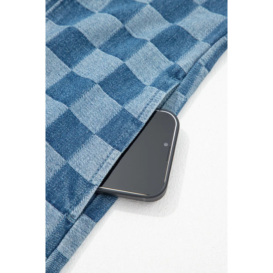 Frayed Hem Checkered Denim Mini Dress Apparel and Accessories