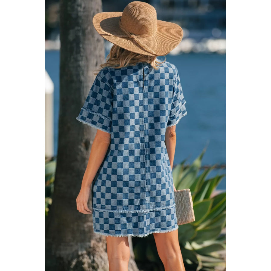 Frayed Hem Checkered Denim Mini Dress Apparel and Accessories