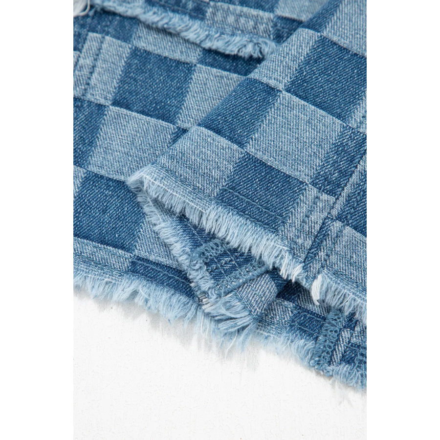 Frayed Hem Checkered Denim Mini Dress Apparel and Accessories